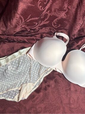 Victoria's Secret Soft Pink Padded T-Shirt Bra with Polka Dot Mesh Briefs 38D XL